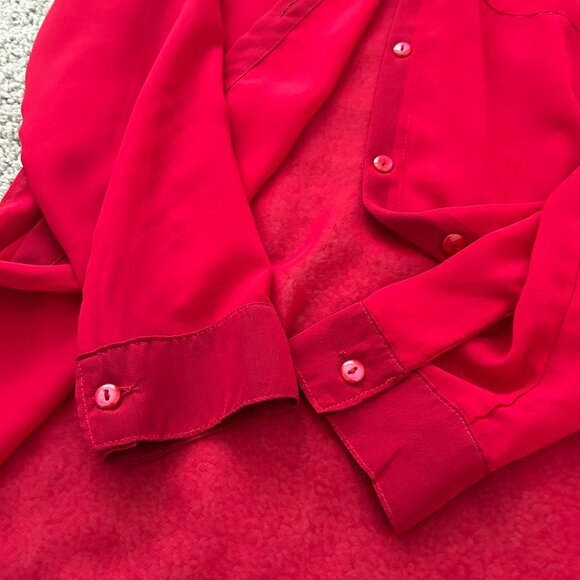 Olsenboye Medium Red Sheer Button-up Long Sleeve High Low Blouse - Picture 4 of 8